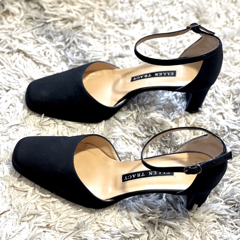 Vintage 1990's Ellen Tracy Black Satin Slingback Heels Size 6.5B